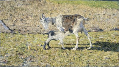 彼女の子供とヤギ 作： Giovanni Segantini