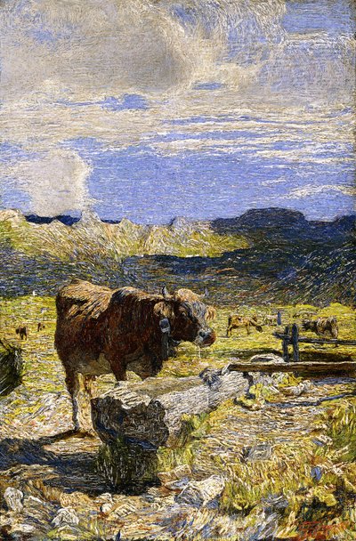 トラフから飲む茶色の牛、1892年 作： Giovanni Segantini