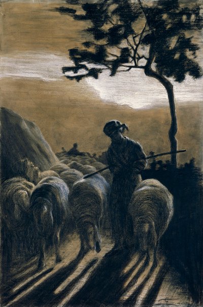 ジョバンニ・セガンティーニ（1858-1899）の「道路の上の群れ」。 作： Giovanni Segantini