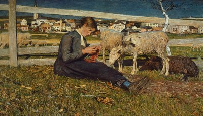 靴下を作る少女 ジョヴァンニ・セガンティーニ（1858-1899）作 油彩・キャンバス 54x88cm 作： Giovanni Segantini