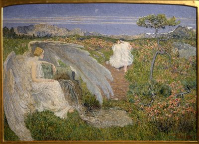 愛 生命の源。夢のような風景の中を歩くカップルを見守る天使の姿 作： Giovanni Segantini