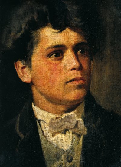 ジョヴァンニ・セガンティーニ（1858-1899）による「20歳の自画像」、油彩・キャンバス、35x26cm 作： Giovanni Segantini