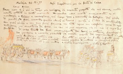 ジョヴァンニ・セガンティーニ（1858-1899）による「カルヴェン・コイラの祭礼」の行列のスケッチ 作： Giovanni Segantini