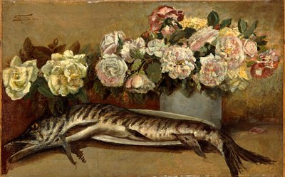 花と魚またはパイクとバラのある静物画 作： Giovanni Segantini