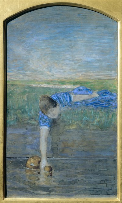 ジョヴァンニ・セガンティーニ（1858-1899）の「川辺の女たち」。 作： Giovanni Segantini