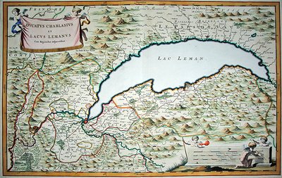 Joannes de Broen (1649-c.1730)が彫ったサヴォイとピエモンテの2巻のタウンブックからのレマン湖。 作： Giovanni Tommaso (after) Borgionio