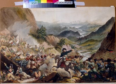 コサックを率いてアルプスを攻撃したピエール・ド・バグラション王子 (1765-1812)。 （ピョートル・イワノビッチ・バグラチオン王子がコサックを率いてアルプスでの攻撃を開始）。 ロシアの英雄は、イタリアの第 2 戦役 (1799 年 - 1800 年) で描写されています。 作： Giovanni Vendramini