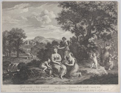 Primavera は、花を集めて冠を作る女性グループです。 1764年。 作： Giovanni Volpato
