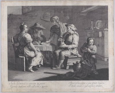 男性が空の皿を持ってくると、左側のテーブルの周りに座っている3人., 1760-70. 作： Giovanni Volpato