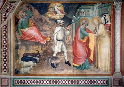 聖母の生涯：ヨアヒムへの受胎告知と黄金の門での聖アンナとの出会い（フレスコ画 作： Giovanni da Milano