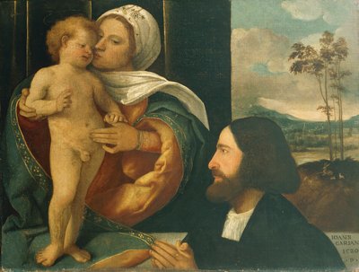 聖母子と信者、ジョヴァンニ・カリアーニ作（1485年から1490年の間に生まれ、1547年以降に死亡） 作： Giovanni de Busi Cariani