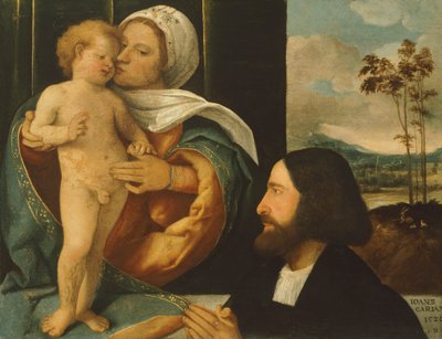 聖母子と信者、ジョヴァンニ・カリアーニ作（1485年から1490年の間に生まれ、1547年以降に死亡） 作： Giovanni de Busi Cariani
