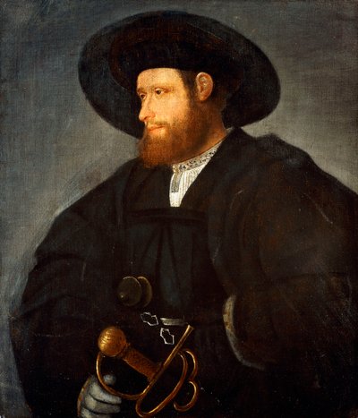 黒い衣装と黒い帽子をかぶったハーフレングスの紳士の肖像画、 作： Giovanni de Busi Cariani
