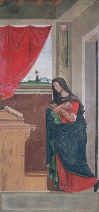 Virgin Annunciate、告知パネルは当初、ヴィチェンツァのサンバルトロメオにあるオルガンの外側シャッターの1つを形成しています（キャンバス上のテンペラ）（183650を参照） 作： Giovanni de