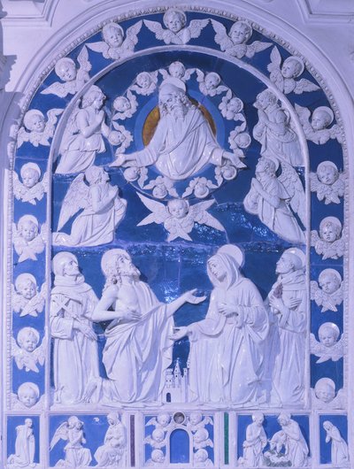 聖フランチェスコ、聖ドミニク、聖ベルナルドの間の聖母」ジョヴァンニ・デッラ・ロッビア（1469-1529）作、トスカーナ州フォイアーノ・デッラ・キアーナのサン・フランチェスコ教会蔵 作： Giovanni della Robbia
