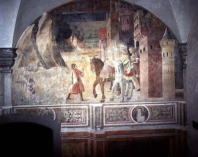 故郷を離れる聖ベネディクト 1430年代頃「オレンジの回廊」の聖ベネディクトの生涯を描いたフレスコ画の細部 作： Giovanni di Consalvo (attr. to)