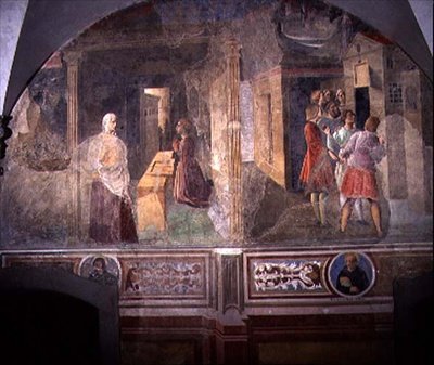 壊れたふるいを修理する聖ベネディクト 1430年代頃「オレンジの回廊」の聖ベネディクトの生涯を描いたフレスコ画の一部（フレスコ画 作： Giovanni di Consalvo (attr. to)