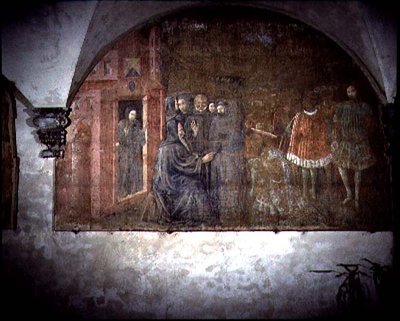 聖ベネディクトとトティラ王からの使者」（1430年代、「オレンジの回廊」の聖ベネディクトの生涯のフレスコ画からの抜粋 作： Giovanni di Consalvo (attr. to)