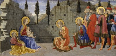 ジョヴァンニ・ディ・フランチェスコ（1412-1459）によるマギのアオレーション、キリスト降誕の詳細とマギの崇拝、1457年から1459年の間、木にテンペラ。 作： Giovanni di Francesco