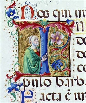 Ms 542 f.44v フィレンツェのバディア・フィオレンティーナ教会のドン・アッピアーノが書いた詩篇の男性聖人を描いた歴史的なイニシャル「I」。 作： Giovanni di Guiliano Boccardi