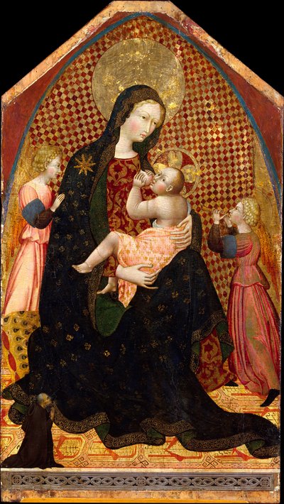 マドンナとチャイルド、2 人の天使とドナー、カリフォルニア州。 1445年。 作： Giovanni di Paolo