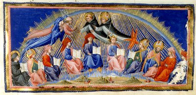 Paradiso, Canto X. Beatrice ja Dante leijuvat auringon taivaan vieressä tapaavat viisaudestaan tunnustetut. Heitä tervehtii St. Thomas Aquinas Albertus Magnuksen kanssa. Alla on kymmenen viisauden edustajaa; Bede, St. Ambrose, Isidore of Sev 作： Giovanni di Paolo