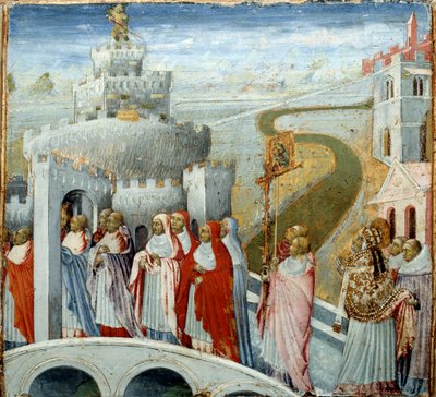 ローマのサンタンジェロ城（サンタンジェロ城）における教皇グレゴワール1世の行列（532-604年）（右） 木版画 ジョヴァンニ・ディ・パオロ（1420-1482年） 15世紀 日の丸0.4x0.42 m パリ、ルーヴル美術館 - 教皇の行進 作： Giovanni di Paolo