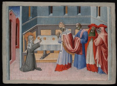 教皇インノケンティウス 4 世の前でパンを祝福するアッシジの聖クレア 作： Giovanni di Paolo