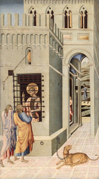 獄中の洗礼者ヨハネ、二人の弟子に面会される 作： Giovanni di Paolo