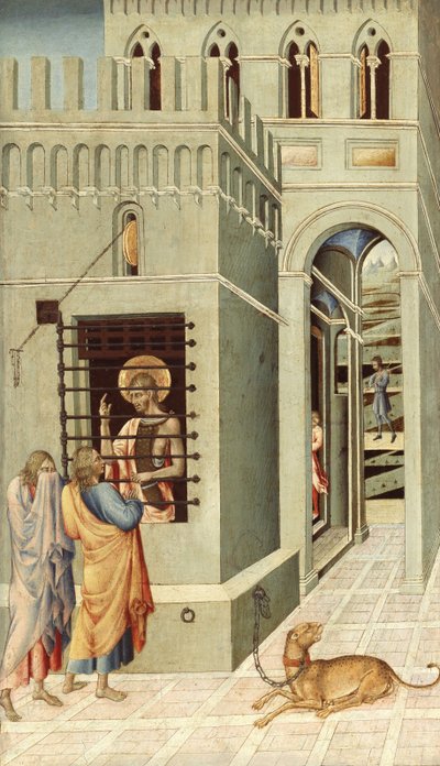 二人の弟子が訪れた刑務所の洗礼者聖ヨハネ、1455-1460 作： Giovanni di Paolo