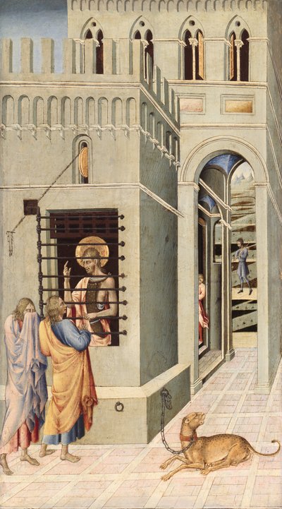 2 人の弟子が訪れた監獄の洗礼者聖ヨハネ、145560。 作： Giovanni di Paolo