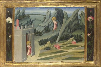 洗礼者聖ヨハネは1454年に砂漠のプレデラパネルに引退しました 作： Giovanni di Paolo