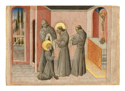 聖クレアの叙任詩：聖フランシスから彼女の秩序の服を受け取る聖人、1389-1482年頃（パネルにテンペラと金） 作： Giovanni di Paolo