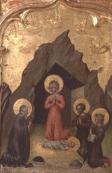 聖母、聖ヨセフ、2人の聖人による幼子の崇拝 作： Giovanni di Paolo di Grazia
