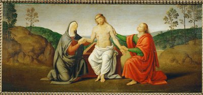 聖母マリアと使徒ヨハネに支えられた死んだキリスト......。 作： ジョヴァンニ ディ ピエトロ (c.1450-1529) (スタジオ)