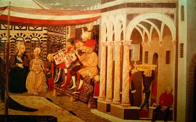 1450年頃、洗礼堂の前の結婚式のシーンを描いたAdimari Cassoneの正面 作： Giovanni di Ser Giovanni Scheggia