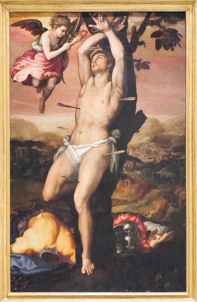 聖セバスチャンは殉教の冠と手のひらを受け取ります 作： Girolamo (1521 c.1580) Siciolante