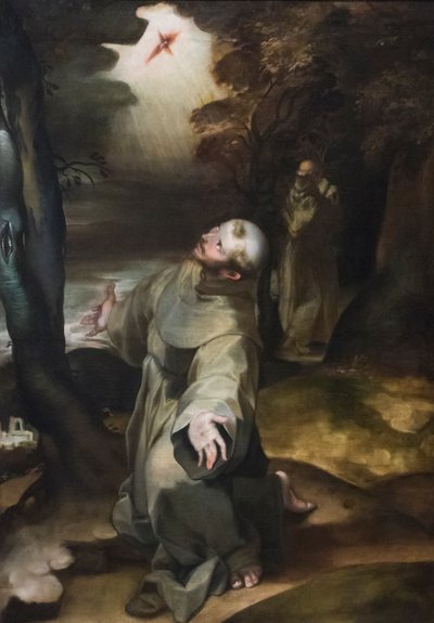 聖痕を受ける聖フランチェスコ (木製パネルに油彩) 作： Girolamo (follower of) Muziano