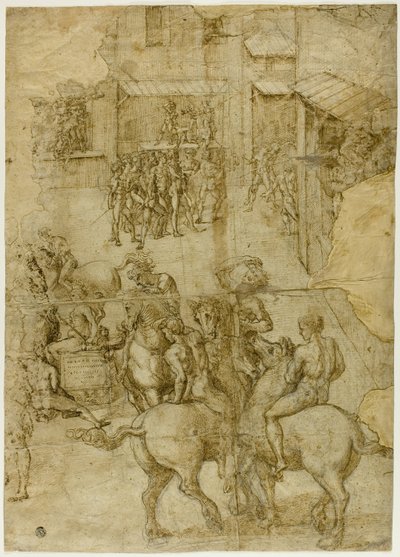 神話のページェント (レクト); 判読不能な碑文と頭の解剖学的研究 (裏面) 作： Girolamo Genga