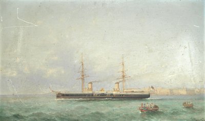 ヴァレッタのグランド・ハーバーから出航する戦艦HMSインフレクティブル 作： Girolamo Gianni