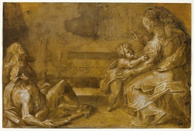 階段のふもとに横たわる 2 人の乞食と座っている母と子 作： Girolamo Macchietti