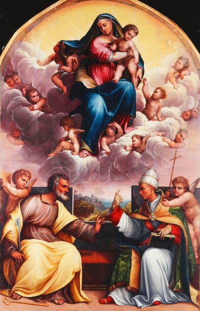 聖人ピーターとグレゴリー大紛争と天使たちと栄光のマドンナと子供 作： Girolamo Marchesi da Cotignola
