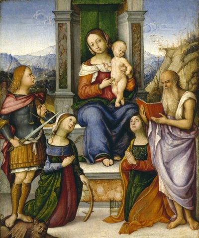 1512年頃、聖母子が聖人マイケル、アレクサンドリアのキャサリン、セシリア、ジェロームに即位した。 作： Girolamo Marchesi da Cotignola