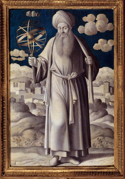 ギリシャの天文学者プトレマイオス（Claudius Ptolemaeus）（AD90-168）の足元の肖像 ジロラモ・モチェット（1458-1531）による絵画 1531年 Paris.ジャクマール美術館 アンドレ - プトレマイオス（クラウディウス・プトレマイオス）（西暦90-168年）の全身像。ギリシャの天文学者。画家 作： Girolamo Mocetto