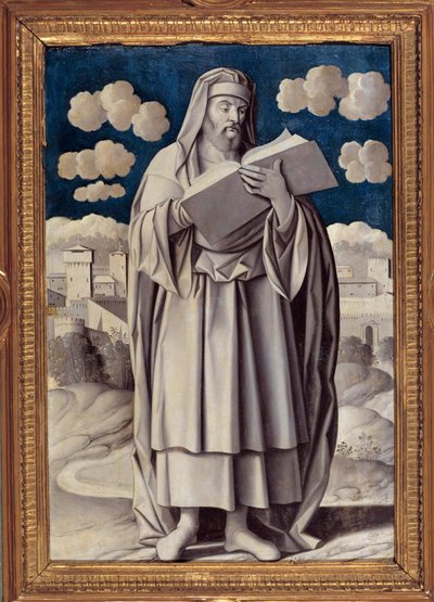 ギリシャの哲学者アリストテレス（紀元前384～322年）の足元の肖像 ジロラモ・モケット（1458～1531年）の絵画 1531年 Paris.ジャクマール・アンドレ美術館 - ギリシャの哲学者アリストテレス（紀元前384-322年）の全身像。ジロラモ・モチェット（1458-1531）の絵画 15 作： Girolamo Mocetto