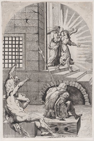 天使によって刑務所から釈放される聖ペテロ、1650-70。 作： Girolamo Pedrignani
