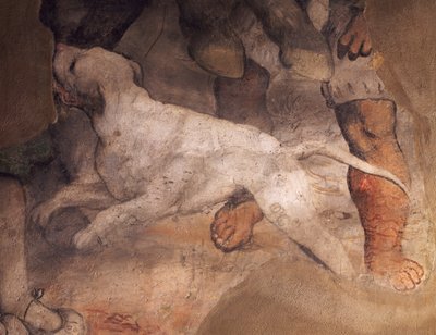 犬の図、ジロラモ・ロマニノ（約1484-1566）によるフレスコ画の細部、イタリア、ブレノのサンタントニオ（聖アンソニー）教会 作： Girolamo Romanino