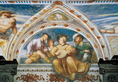 マンドリン奏者、ジロラモ・ロマーノ（1484年頃～1559年以降）のフレスコ画の詳細、ベルナルド・クレシオの依頼によるもの 作： Girolamo Romanino