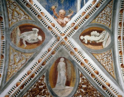 モザイクが施されたニッチと彫像、ベルナルド・クレシオの依頼によるジロラモ・ロマーノ（1484年頃～1559年以降）のフレスコ画の詳細 作： Girolamo Romanino