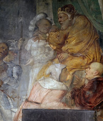 ネブカドネザル、ダニエルの3人の仲間の奇跡の詳細、ジロラモ・ロマニノ（約1484-1562年以降）によるフレスコ画、ブレノの聖アンソニー修道士教会の右壁の詳細。イタリア 作： Girolamo Romanino
